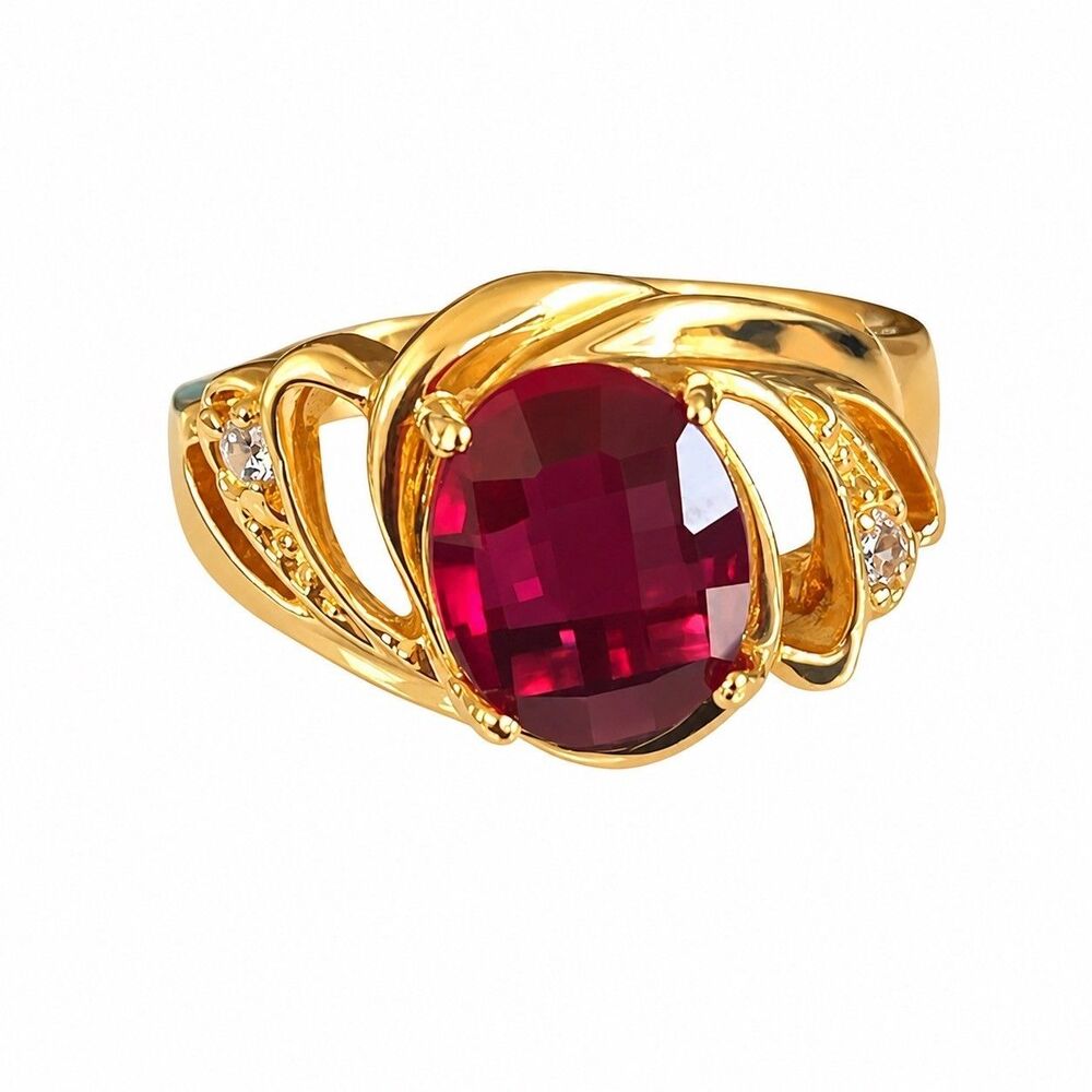 Vintage 1970s Cocktail Ring Size 5 Ruby Red Stone 14KT Gold Plate - 14V